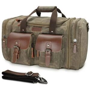 New Expandable Canvas Genuine Leather Duffle Bag Khaki Gray